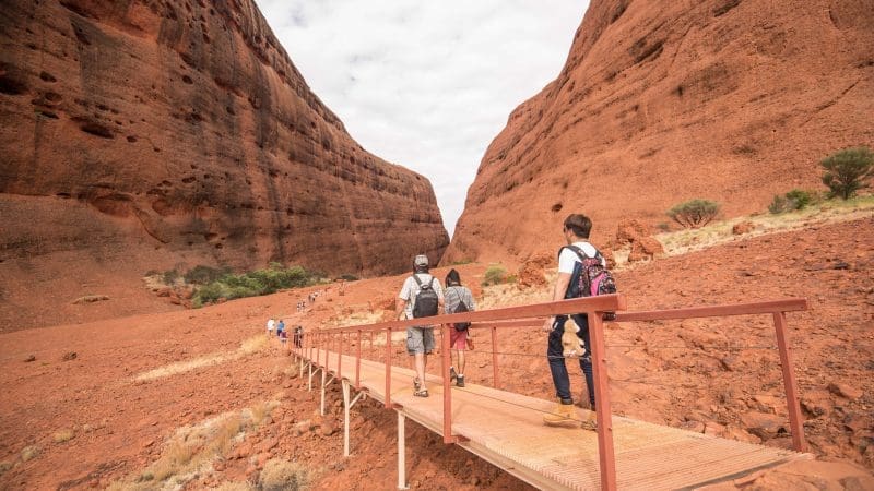 Travellers exploring a scenic boardwalk through Uluru’s stunning red canyon on a 3-day adventure from Yulara to Alice Springs.
